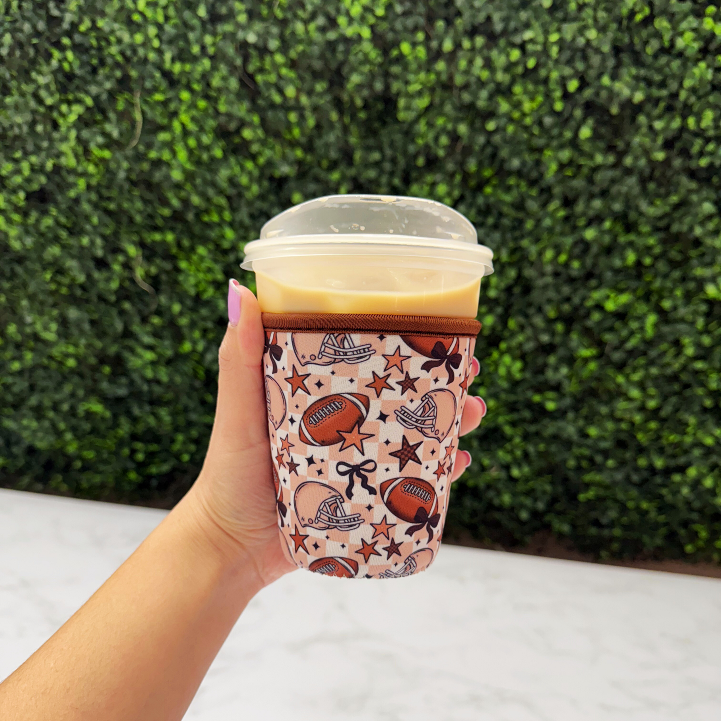 Checker Girly Football Bow - Cup Sleeve