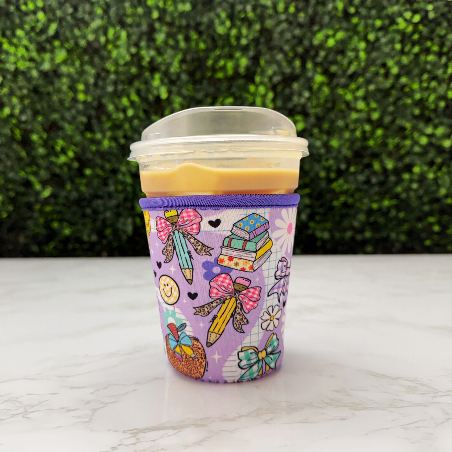 Purple Teacher School Bus Bow - Cup Sleeve