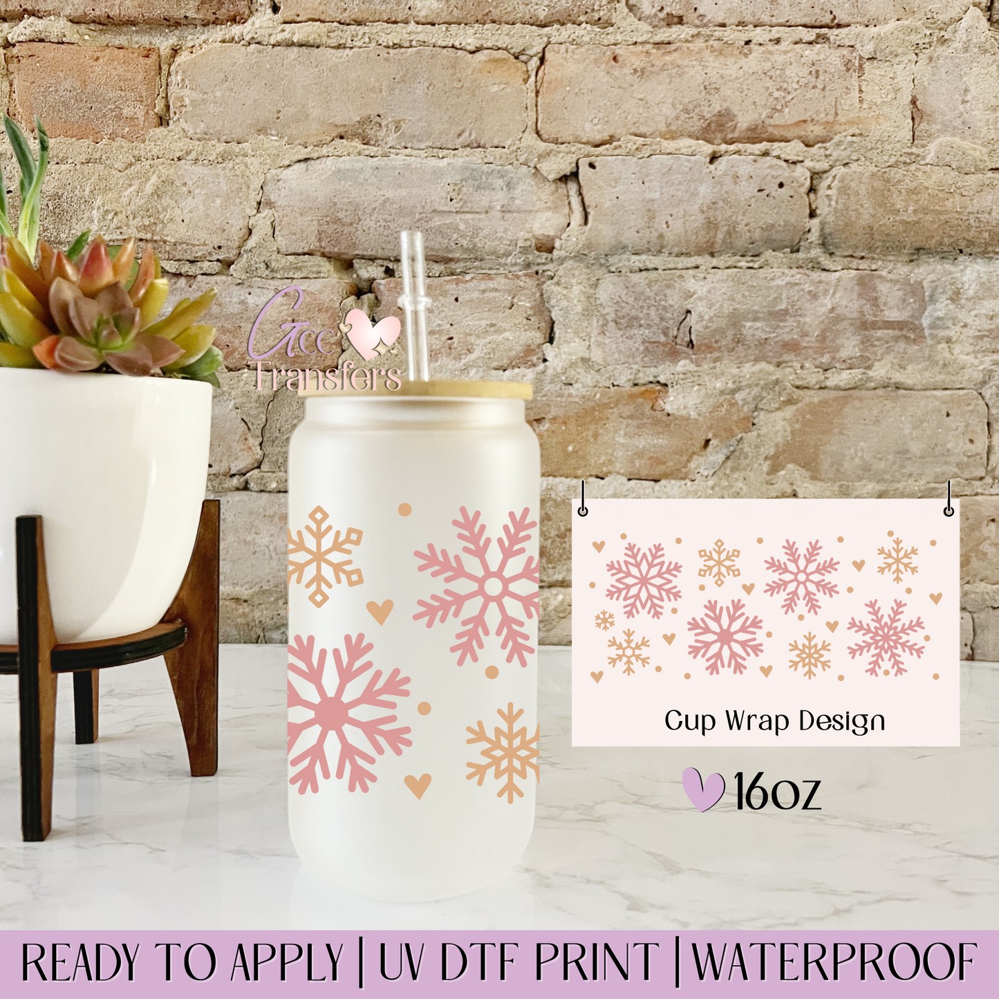 Beige Pink Snowflakes - 16oz UV DTF WRAP