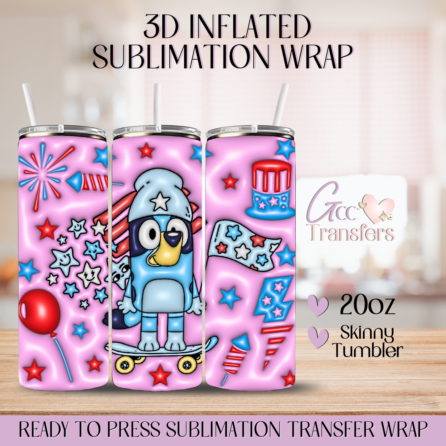4th of July Blue Dog - 20oz 3D Inflated Sublimation Wrap