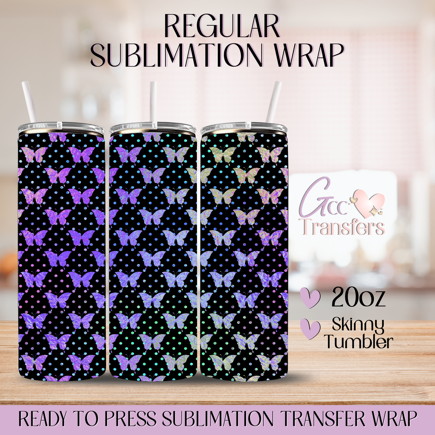 Butterflies Dots Black Background - 20oz Regular Sublimation Wrap