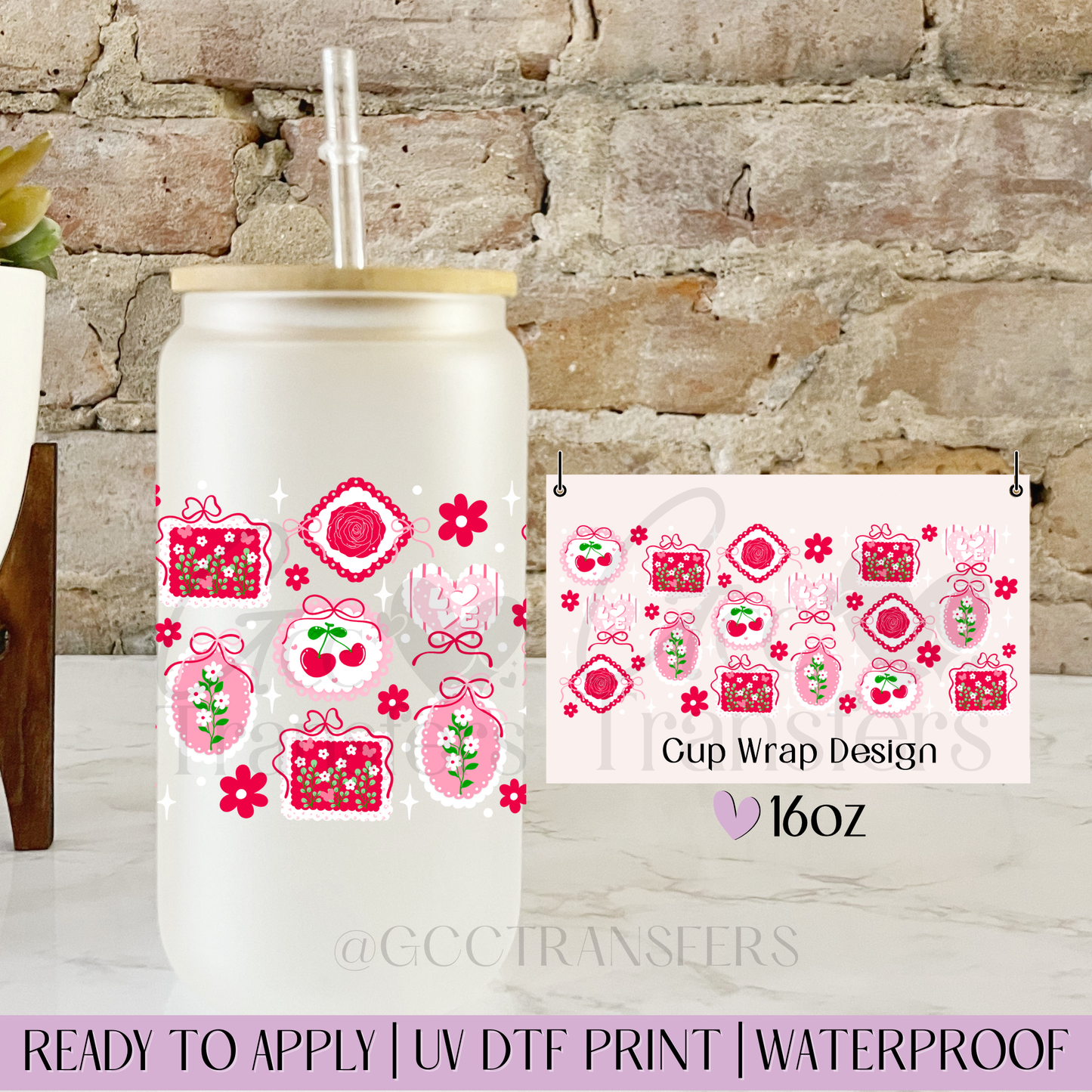 Floral Lace Cherries Valentine - 16oz UV DTF WRAP