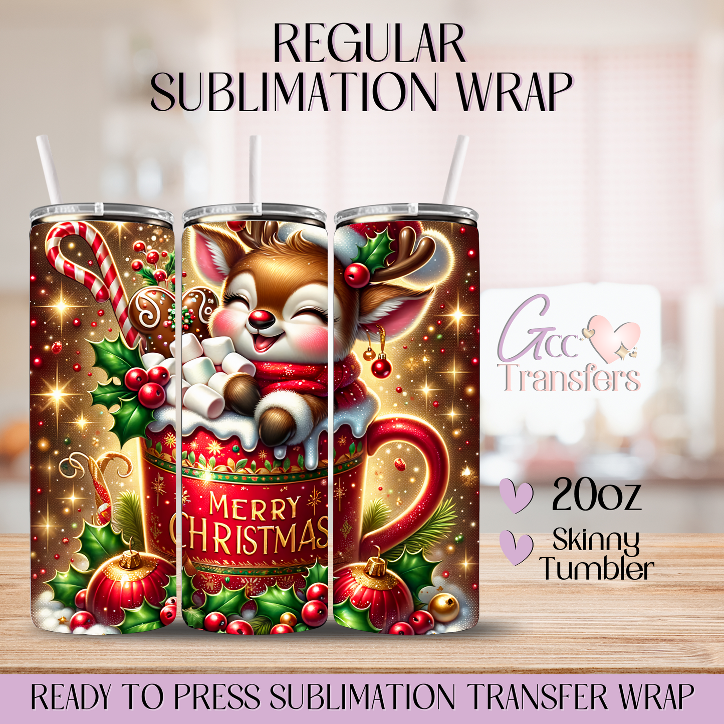 Christmas Cute Reindeer Hot Chocolate - 20oz Regular Sublimation Wrap