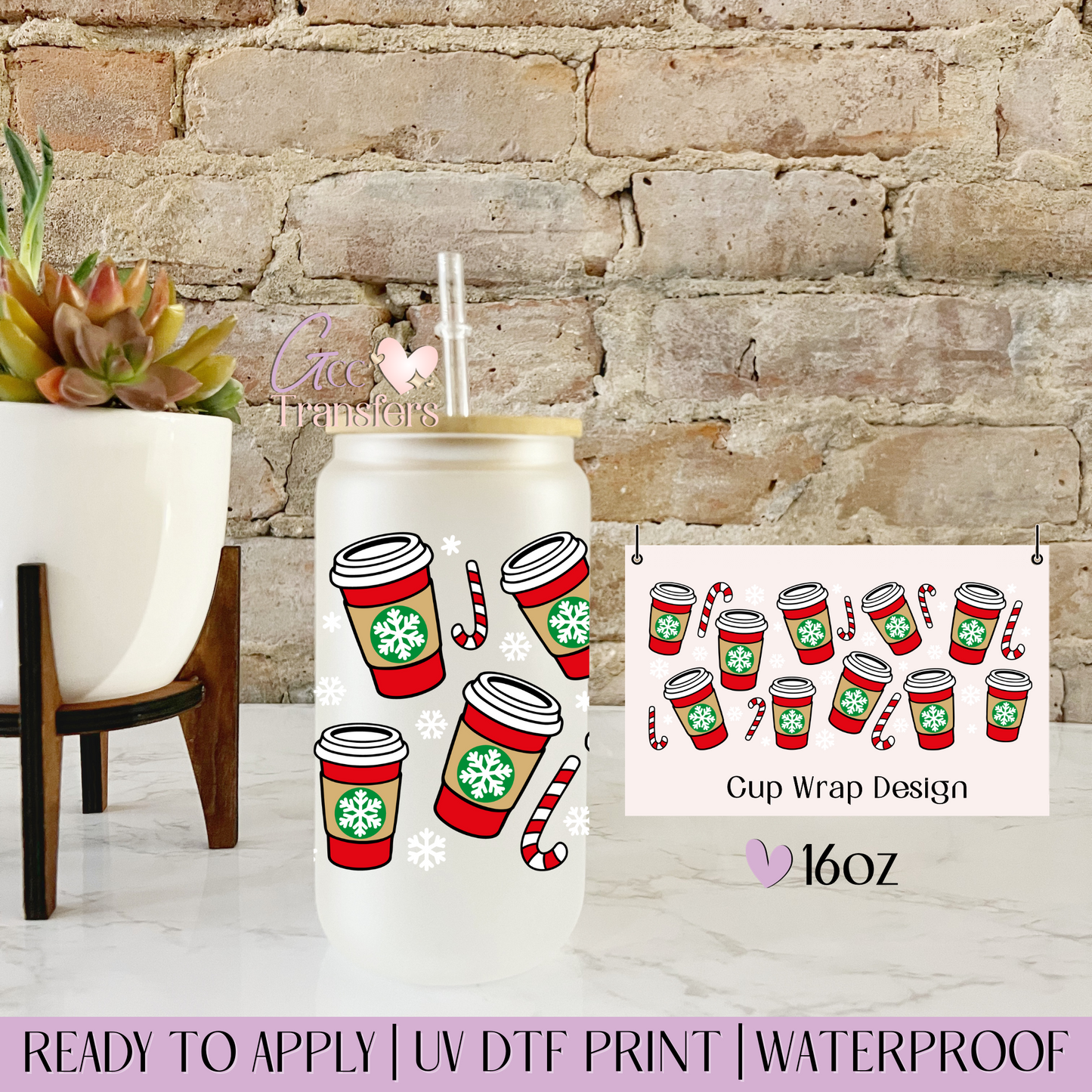 Christmas Coffee Cup Candy Cane - 16oz UV DTF WRAP