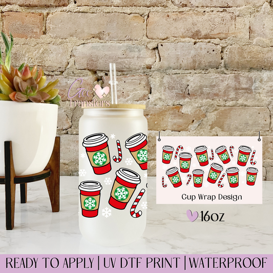Christmas Coffee Cup Candy Cane - 16oz UV DTF WRAP