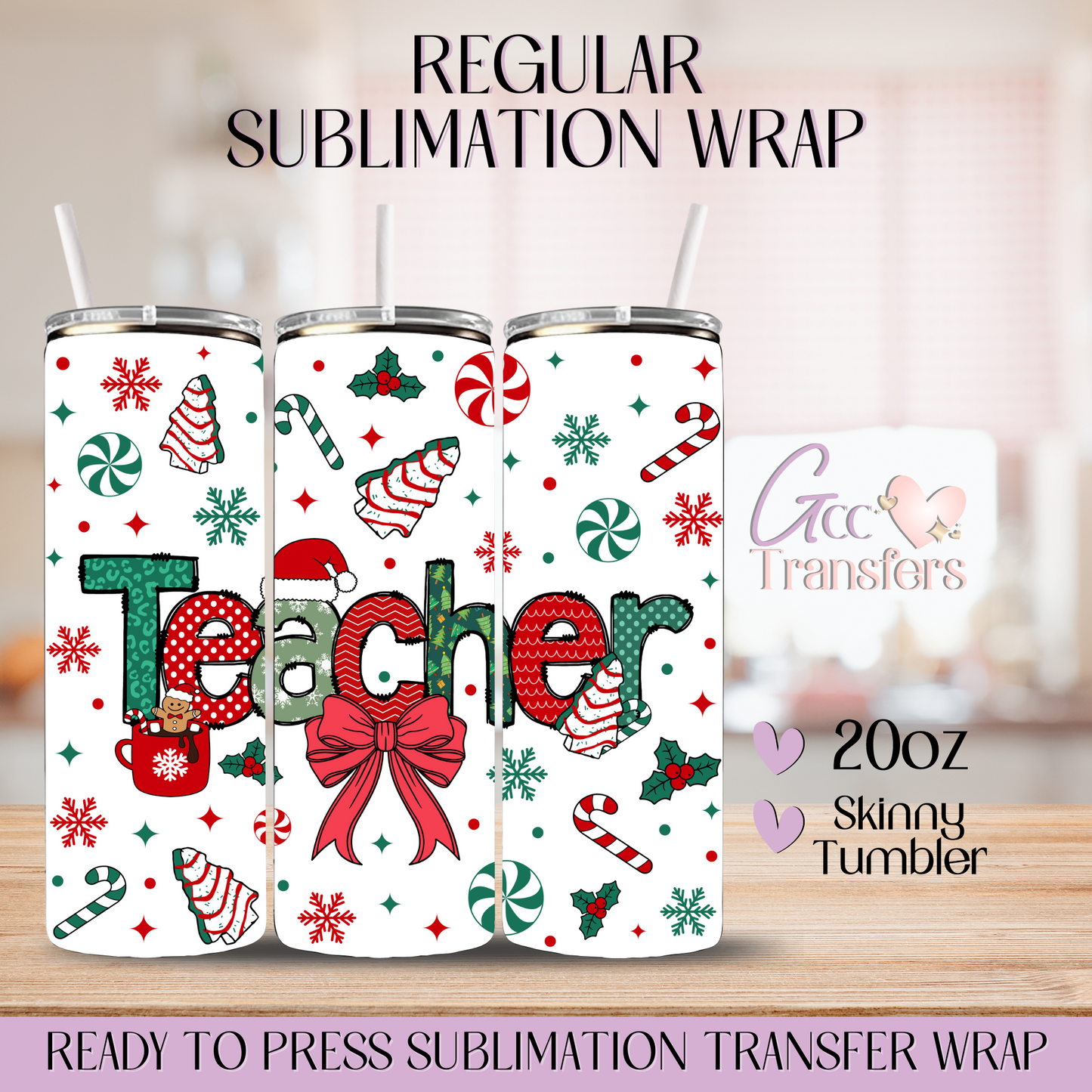 Christmas Teacher Coquette Bow - 20oz Regular Sublimation Wrap