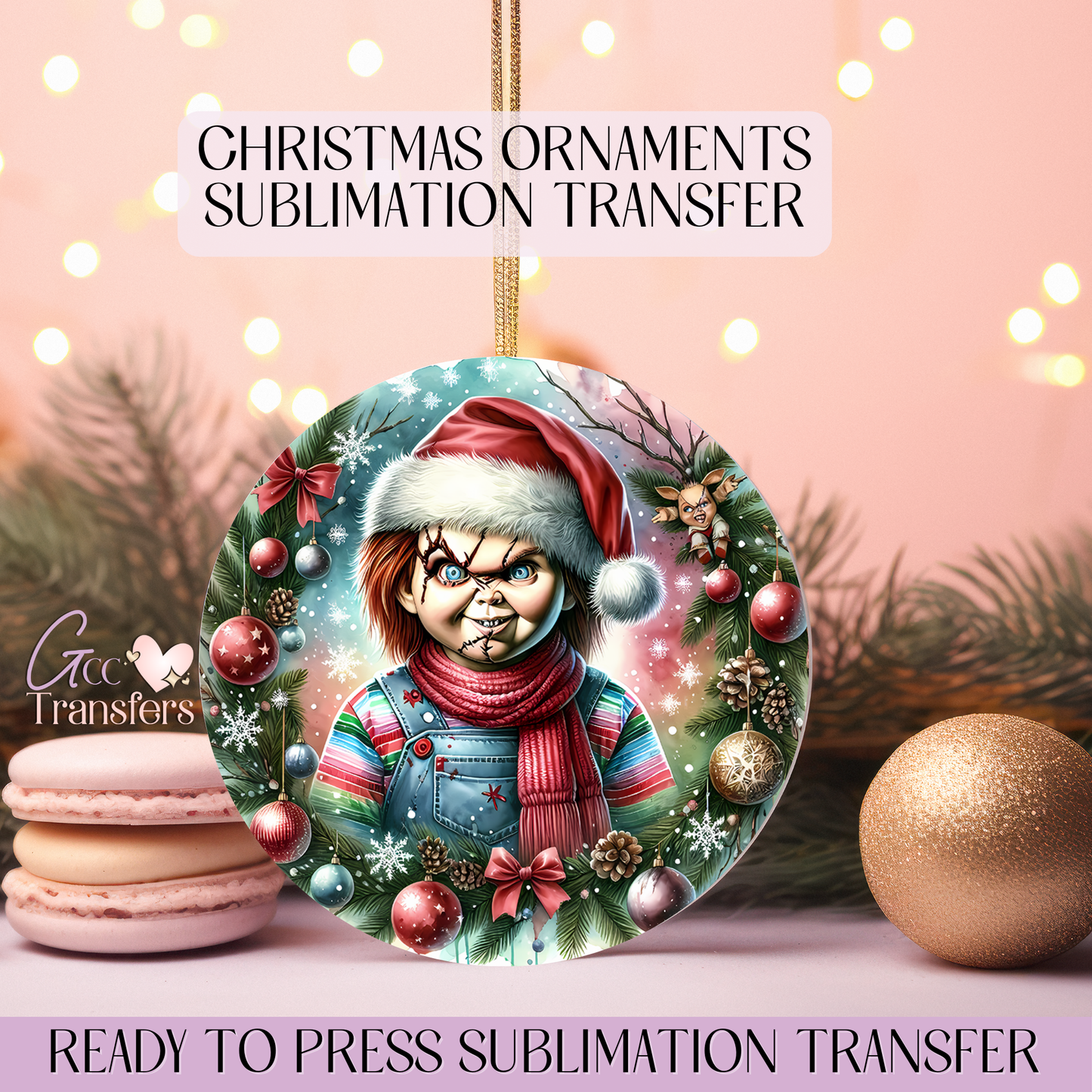 Chucky Wreath Horror Christmas- 3" Ornament Sublimation Transfer