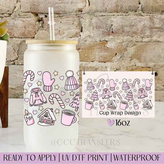 Cozy Pink Christmas - 16oz UV DTF WRAP