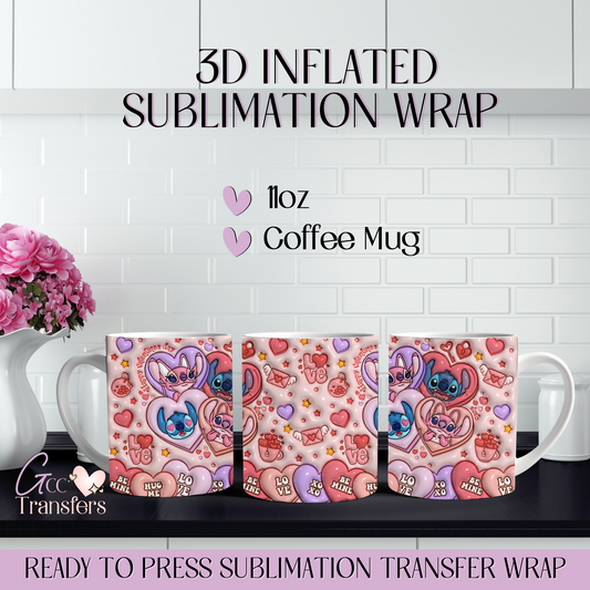 Cute Character Pink Hearts - 11oz Mug 3D Inflated Sublimation Wrap