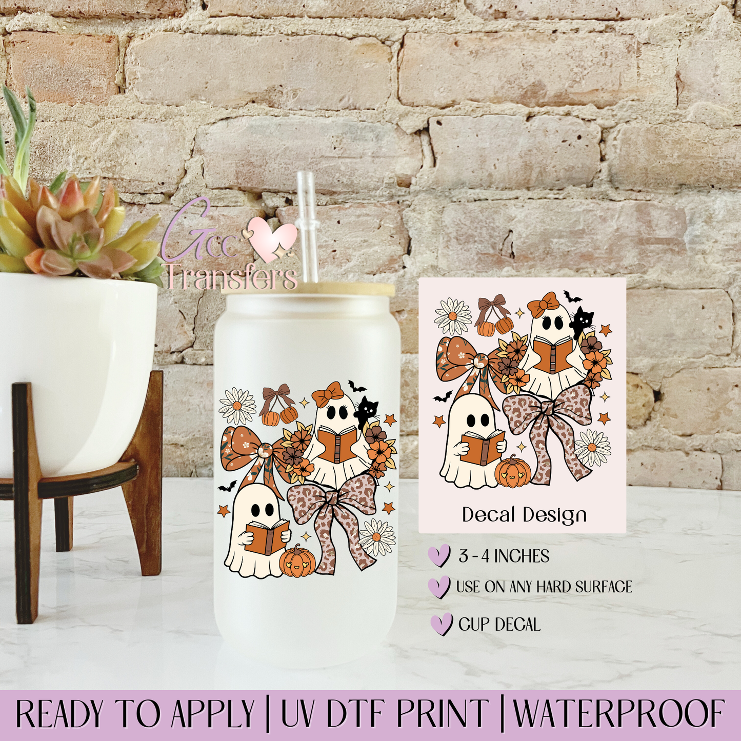 Cute Ghost Reading Halloween - Decal UVDTF