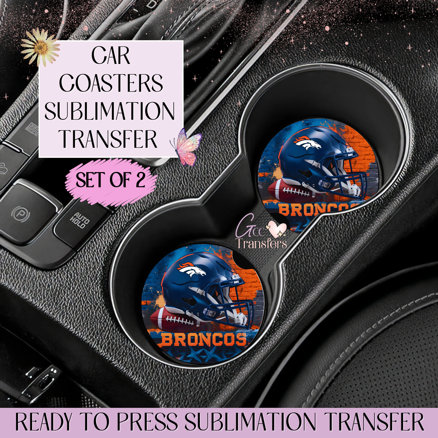 Broncos Football Team - Car Coaster Set of 2 Sublimation Transfers