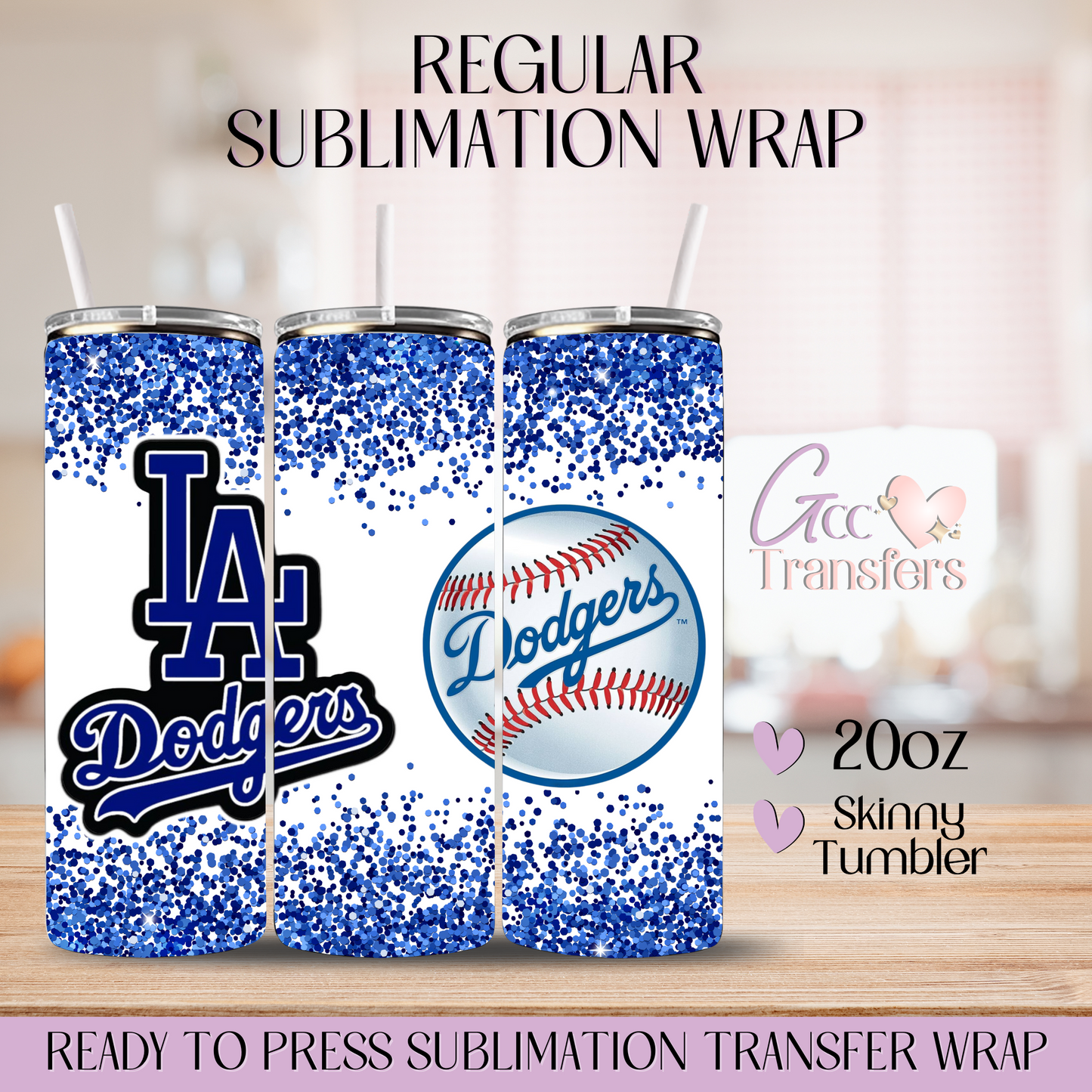 Blue Glitter LA Baseball Team - 20oz Regular Sublimation Wrap
