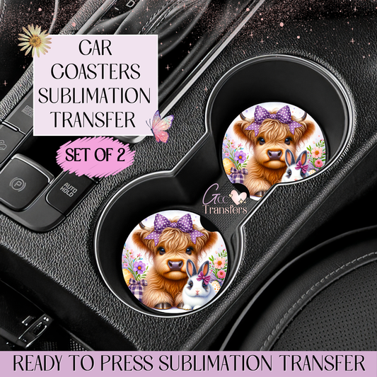 Easter Highland Cow - Car Coaster Set of 2 Sublimation Transfers