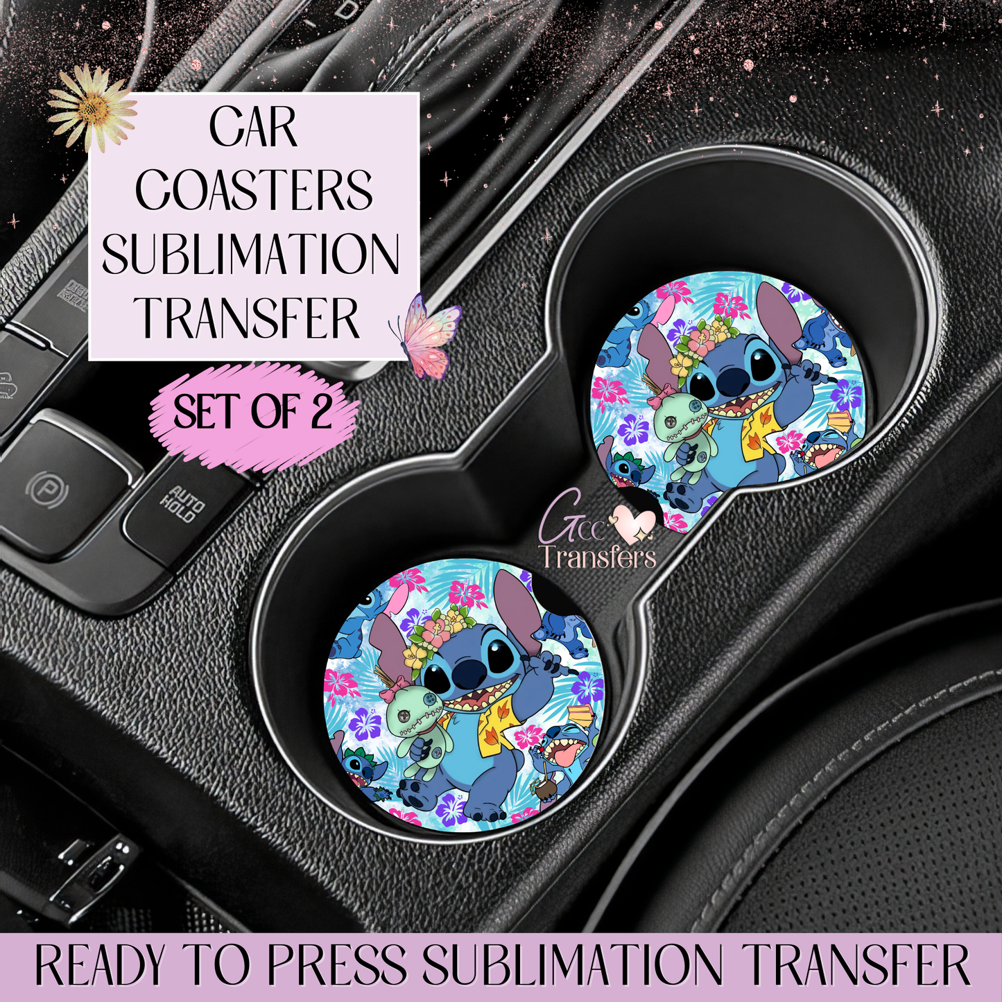 Floral Alien Character Hawaii - Car Coaster Set of 2 Sublimation Transfers