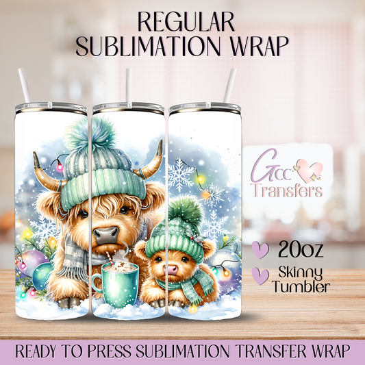 Green Christmas Highland Cow & Baby - 20oz Regular Sublimation Wrap
