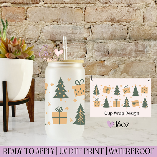 Green Christmas Trees & Gifts - 16oz UV DTF WRAP