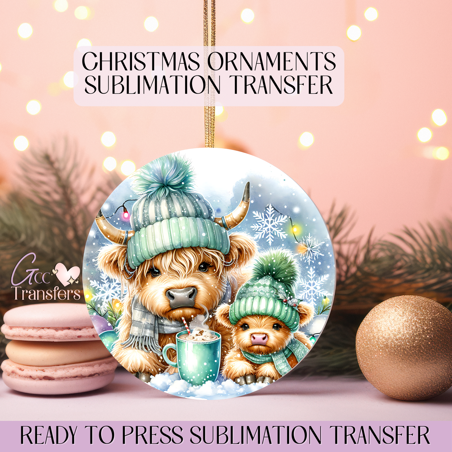 Green Highland Hot Chocolate - 3" Ornament Sublimation Transfer
