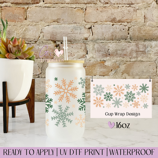 Green Beige Snowflakes - 16oz UV DTF WRAP