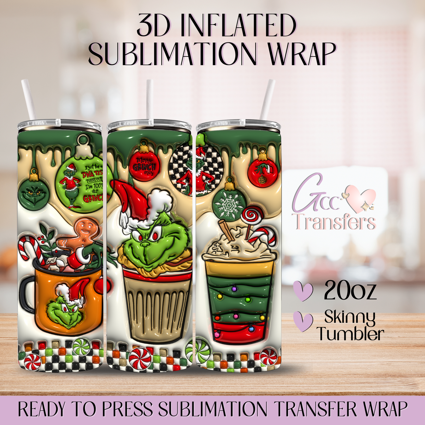 Grinch Face Iced Coffee Xmas - 20oz 3D Inflated Sublimation Wrap