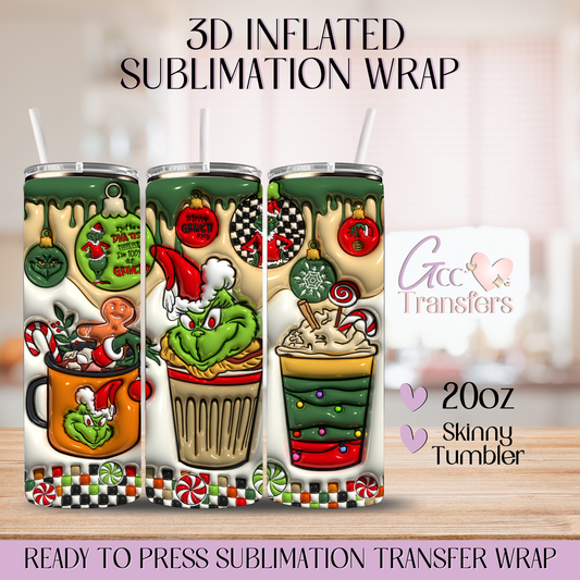 Grinch Face Iced Coffee Xmas - 20oz 3D Inflated Sublimation Wrap