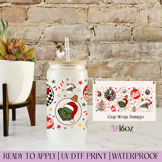 Retro Grinch Ornaments  - 16oz UV DTF WRAP