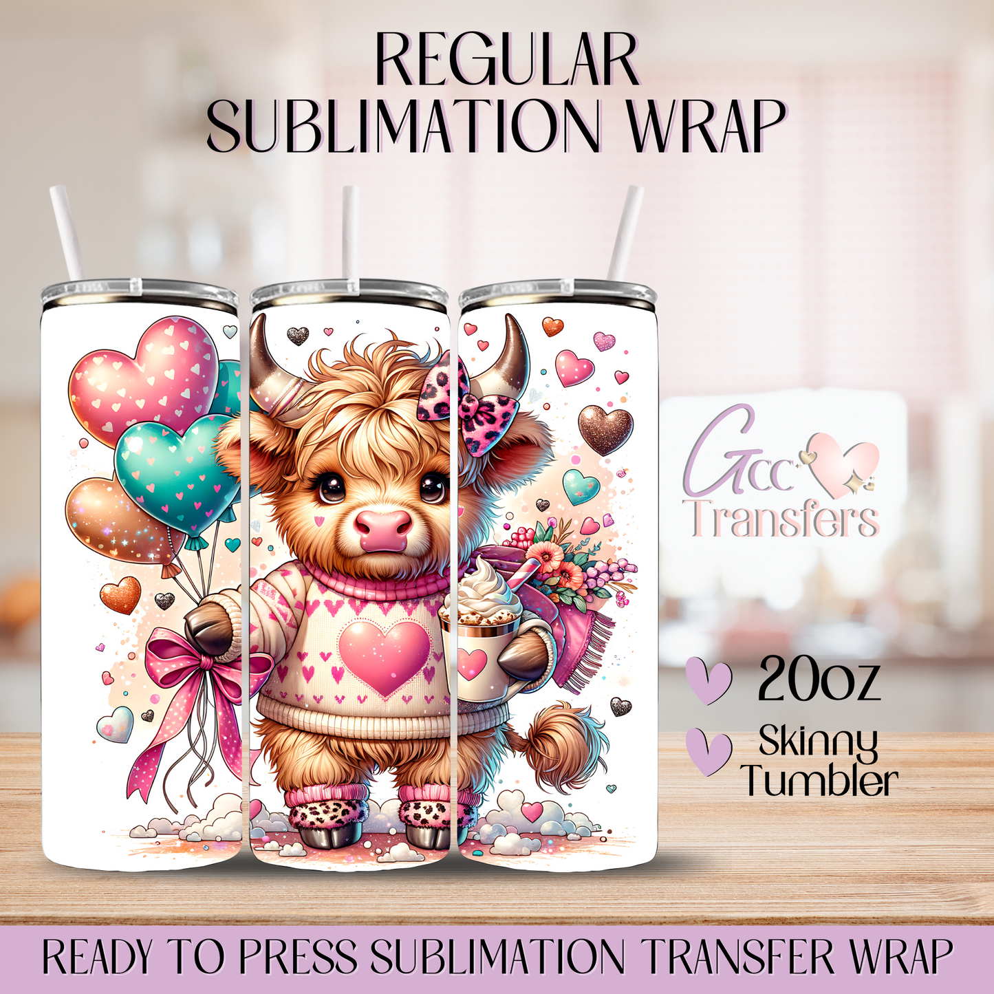 Highland Cow Valentine Balloons - 20oz Regular Sublimation Wrap