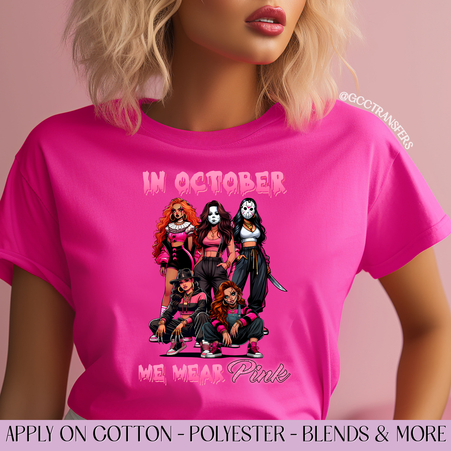 In October We Wear Pink Horror Characters Girls - Full Color DTF Transfer