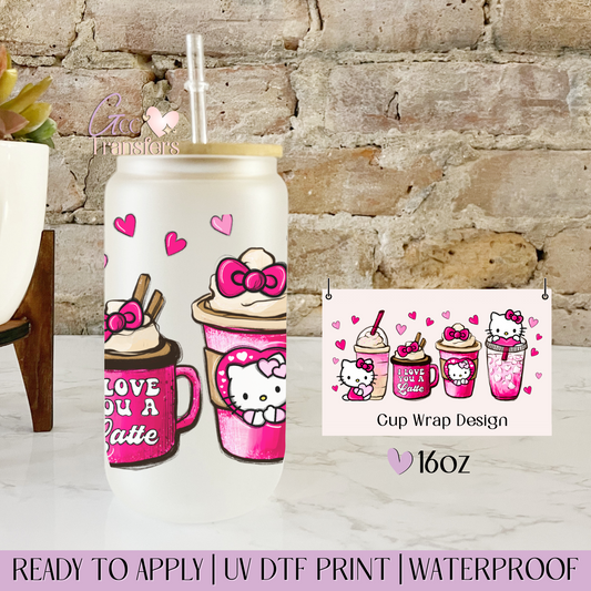 Cat Valentine Iced Coffee - 16oz UV DTF WRAP