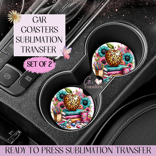 Leopard Apple Teacher - Car Coaster Set of 2 Sublimation Transfers