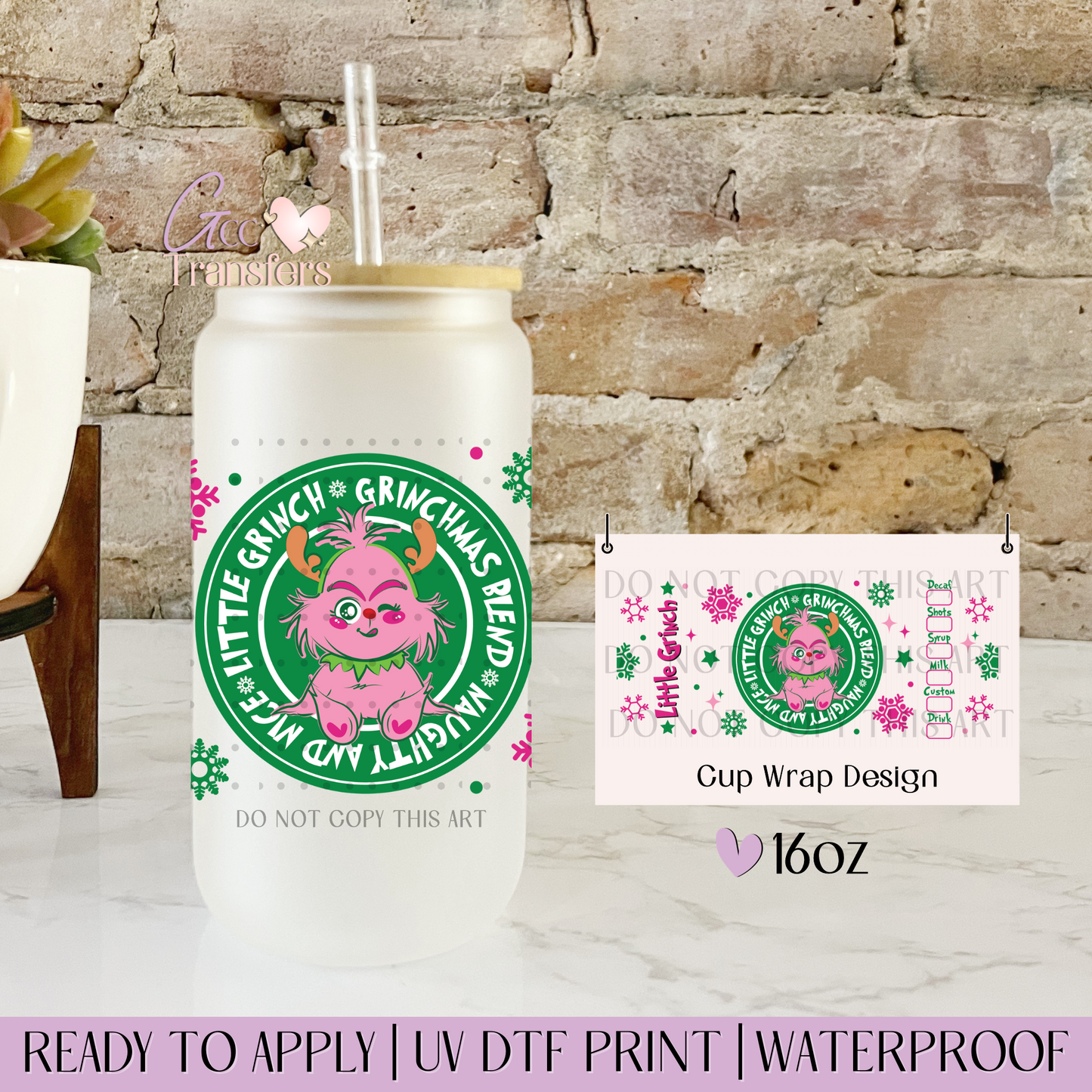 Little Grinch Coffee Pink Green - 16oz UV DTF WRAP