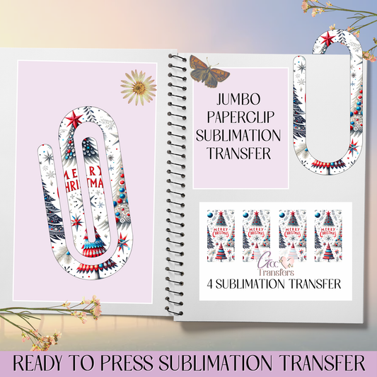 Merry Christmas Red Blue Trees - Jumbo Paperclip Sublimation Transfer