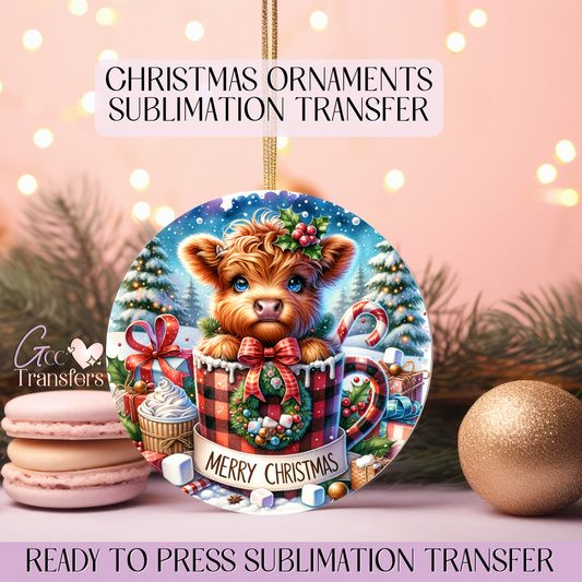 Cute Highland Merry Xmas - 3" Ornament Sublimation Transfer