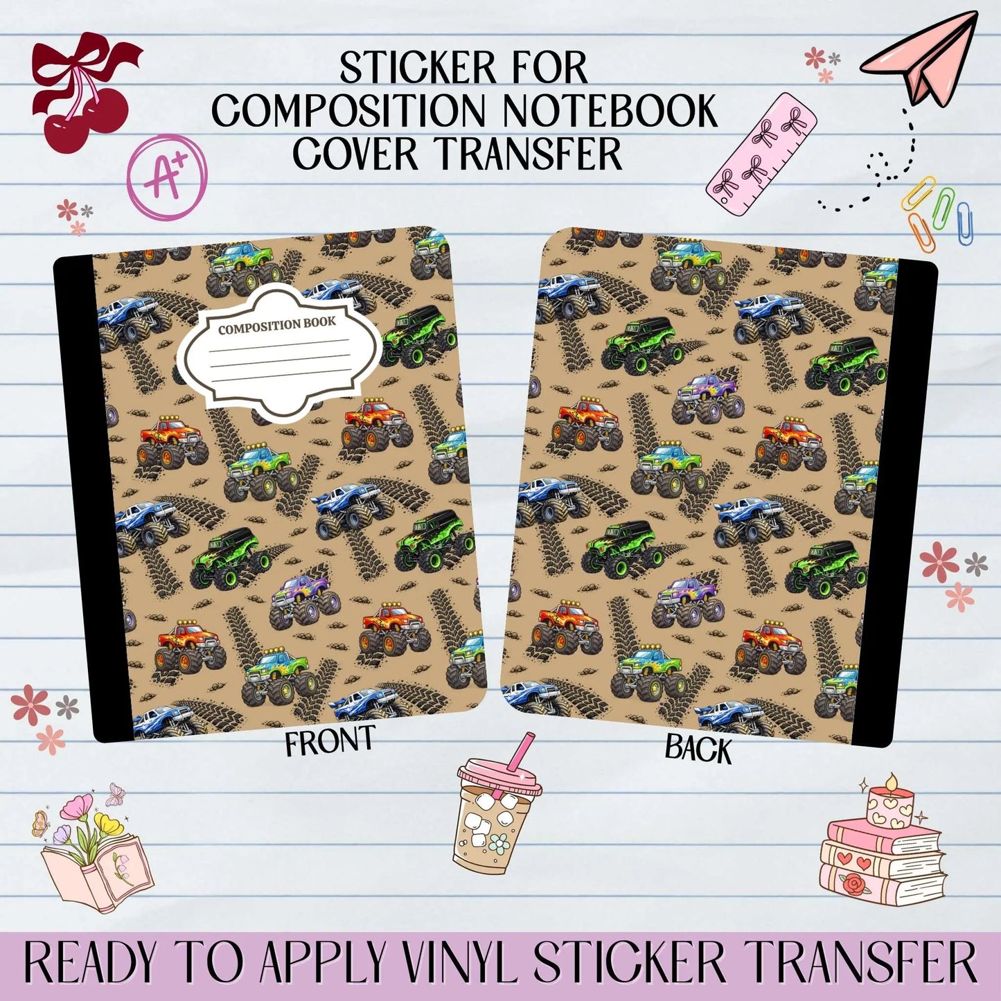 Monster Trucks Colored Sticker for Notebook Cover