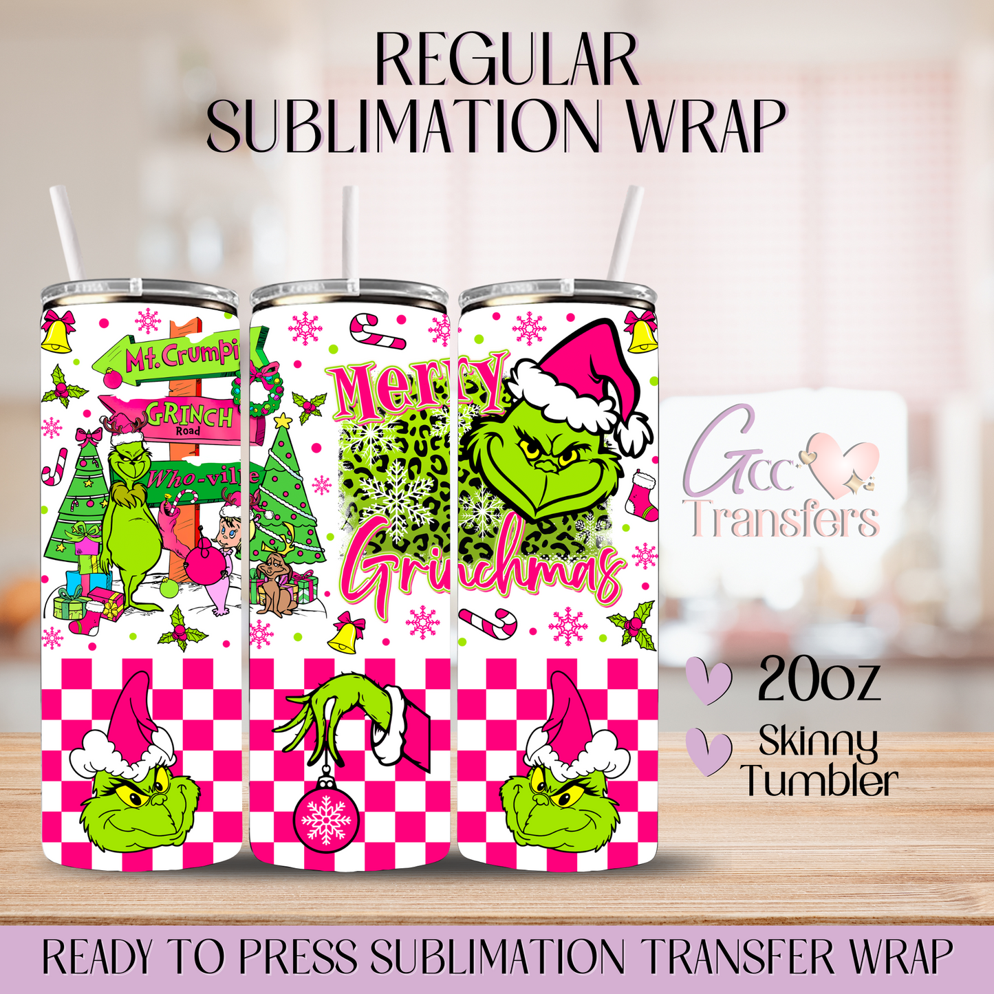 Pink Checkered Merry Grinchmas - 20oz Regular Sublimation Wrap