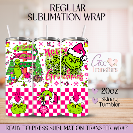Pink Checkered Merry Grinchmas - 20oz Regular Sublimation Wrap