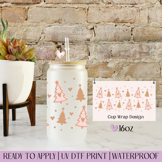 Pink Christmas Trees Hearts - 16oz UV DTF WRAP
