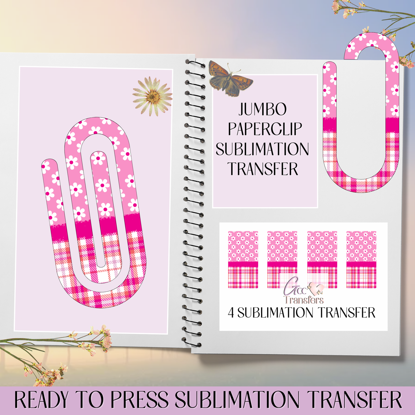 Pink Daisys Stripes - Jumbo Paperclip Sublimation Transfer