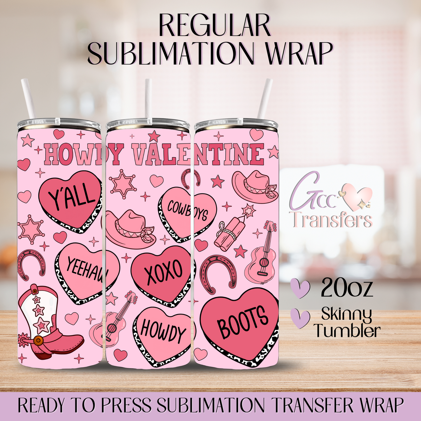 Pink Howdy Valentine Hearts - 20oz Regular Sublimation Wrap