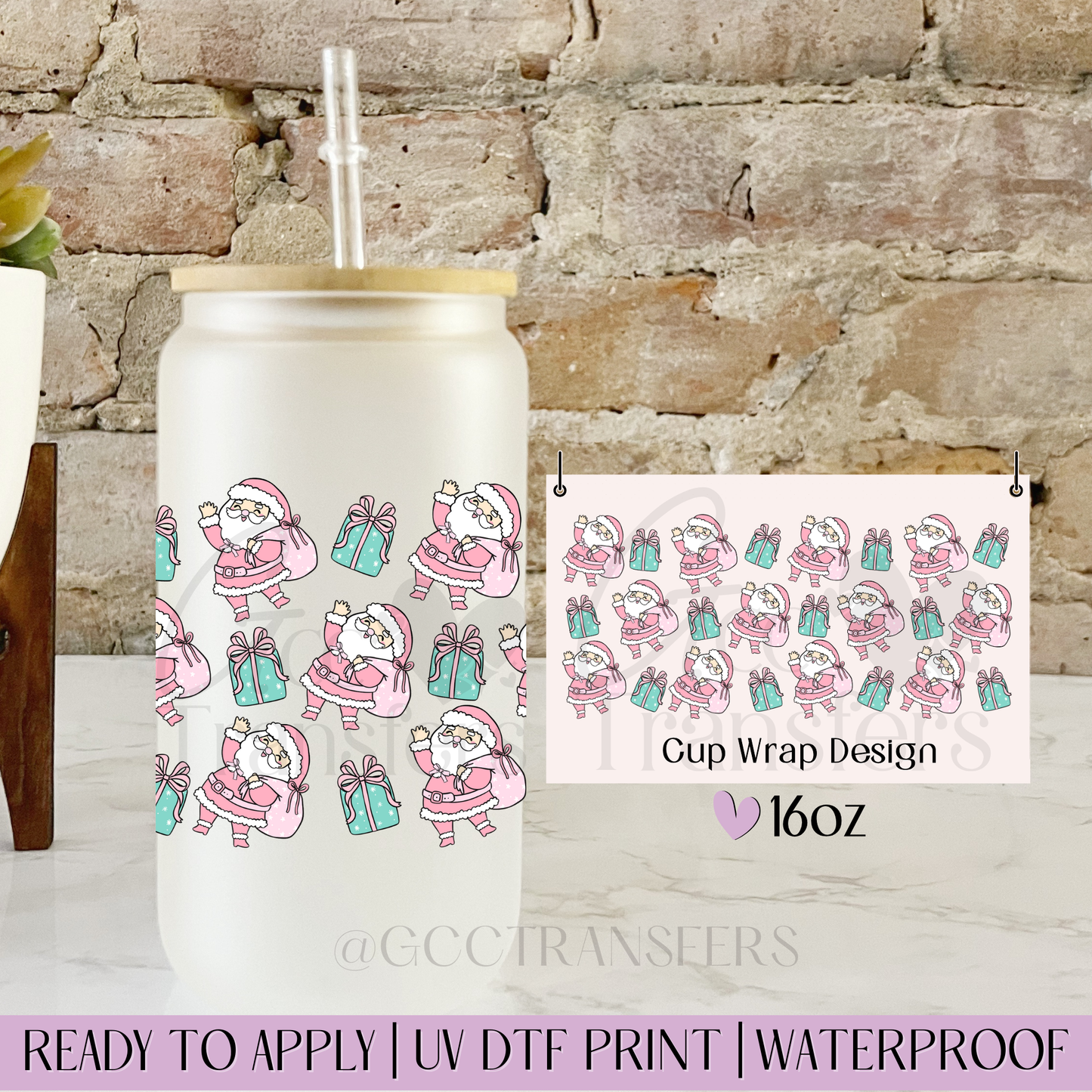 Pink Santa Gifts - 16oz UV DTF WRAP