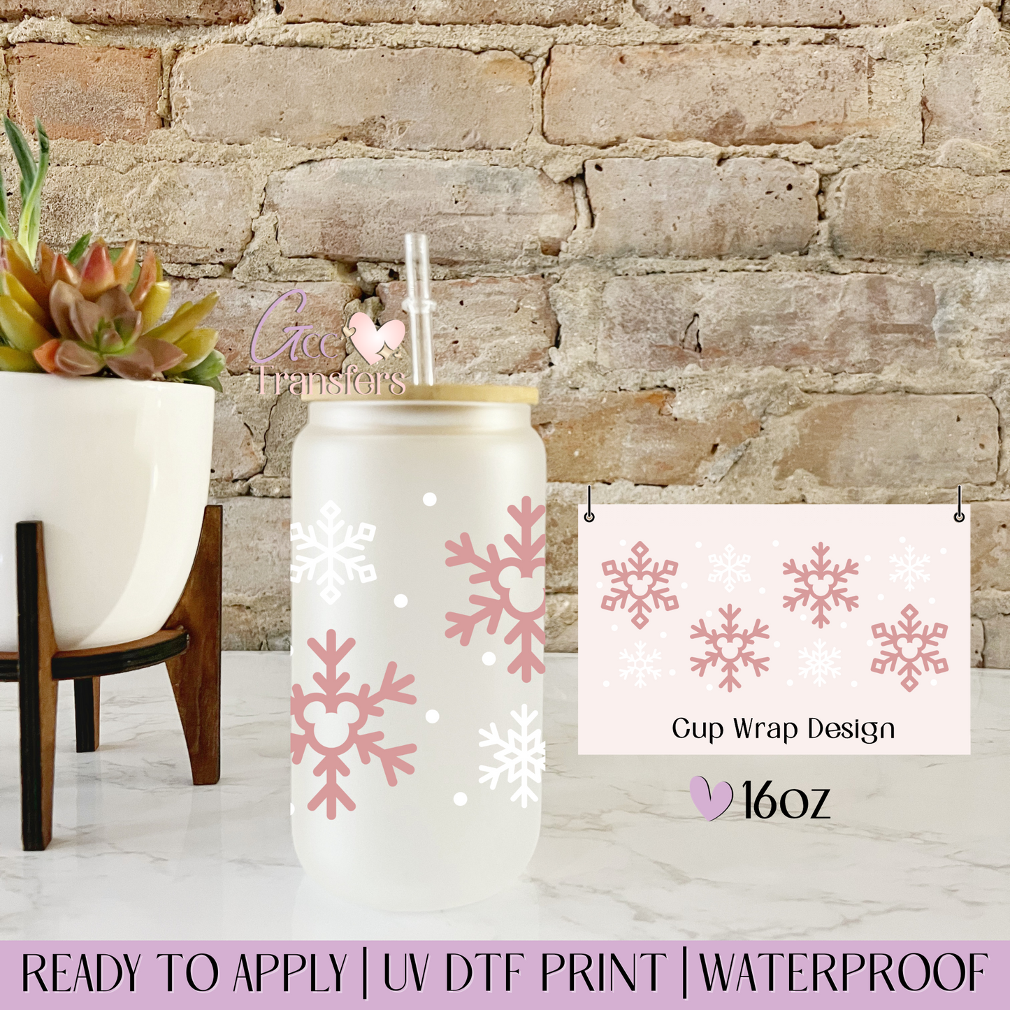 Pink Snowflakes Mouse - 16oz UV DTF WRAP