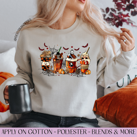 Pumpkin Spice Horror Characters Coffee  - Full Color DTF Transfer