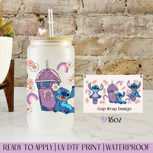 Purple Alien Cartoon Iced Coffee- 16oz UV DTF WRAP