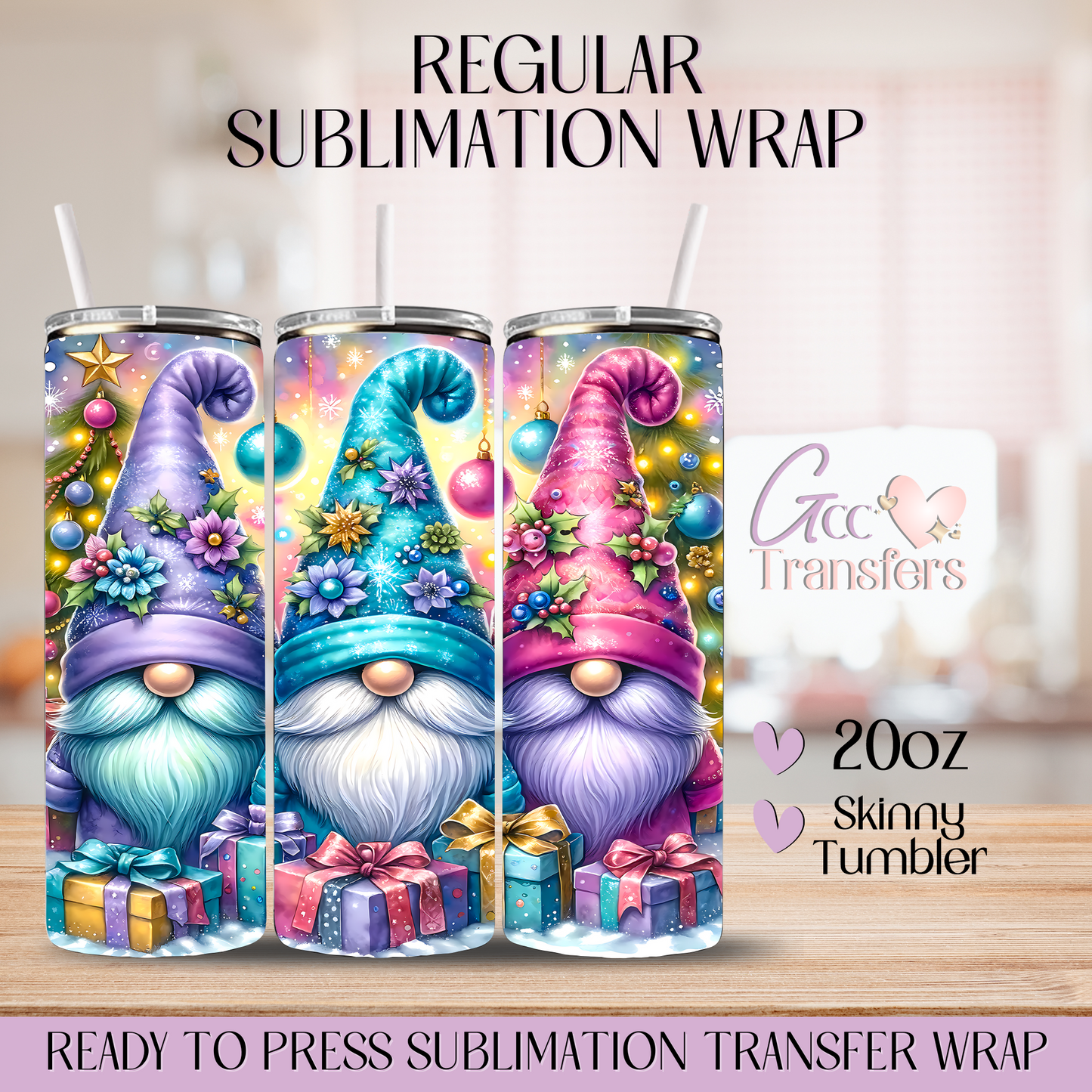 Purple Teal Fuchsia Beanie Cute Gnomes - 20oz Regular Sublimation Wrap