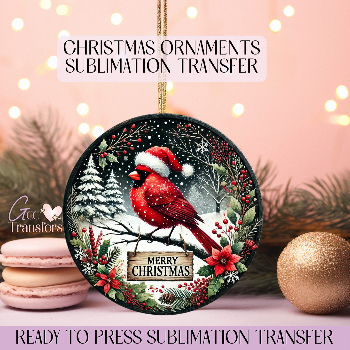 Red Cardinal Merry Xmas - 3" Ornament Sublimation Transfer