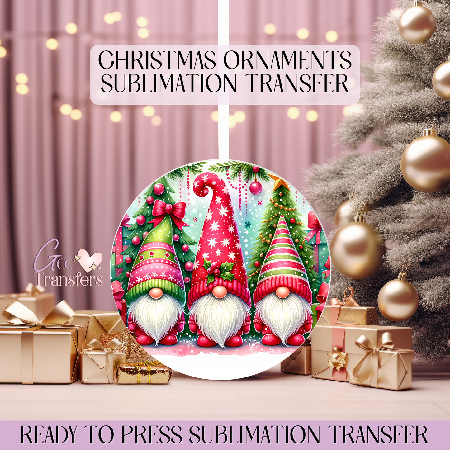 Red Cute Gnomes Xmas - 3" Ornament Sublimation Transfer