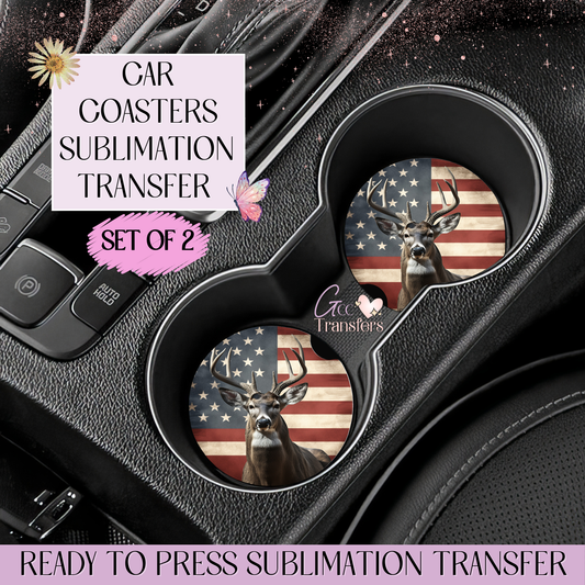 Reindeer American Flag - Car Coaster Set of 2 Sublimation Transfers