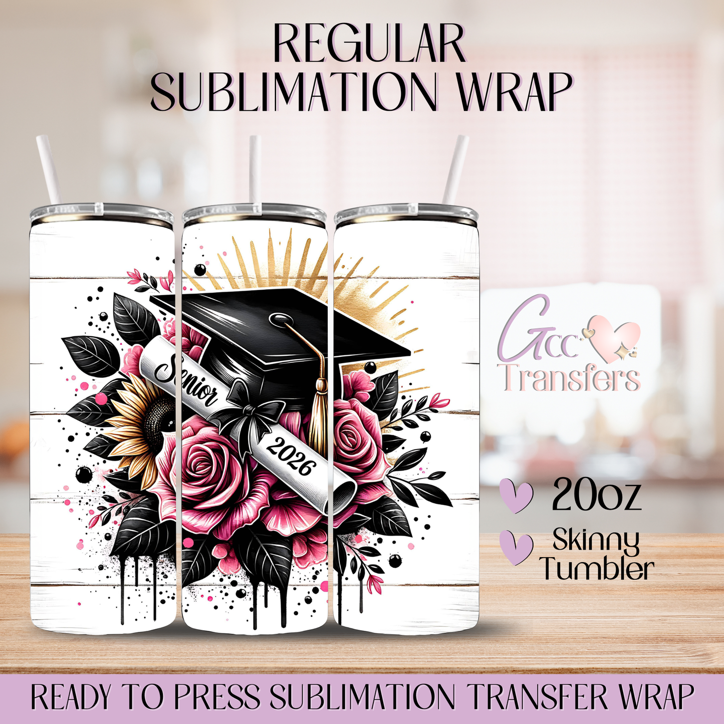 Senior 2026 Pink Black Roses - 20oz Regular Sublimation Wrap