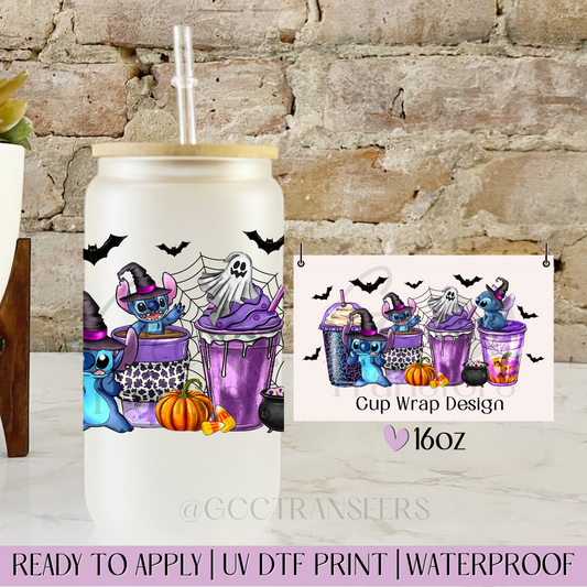 Purple Alien Character Iced Coffee Halloween - 16oz UV DTF WRAP
