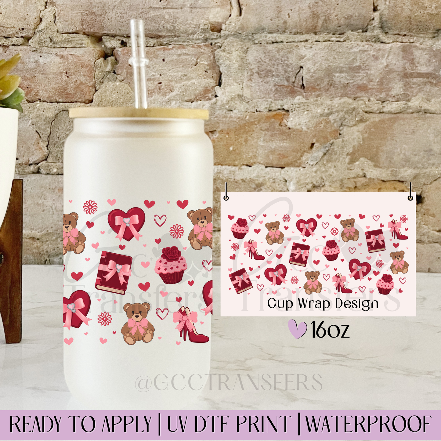 Trendy Teddy Bear Bookish Valentine - 16oz UV DTF WRAP