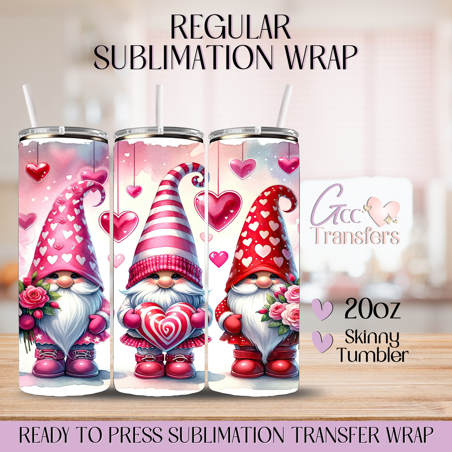 Valentine Gnomes Hearts Roses - 20oz Regular Sublimation Wrap
